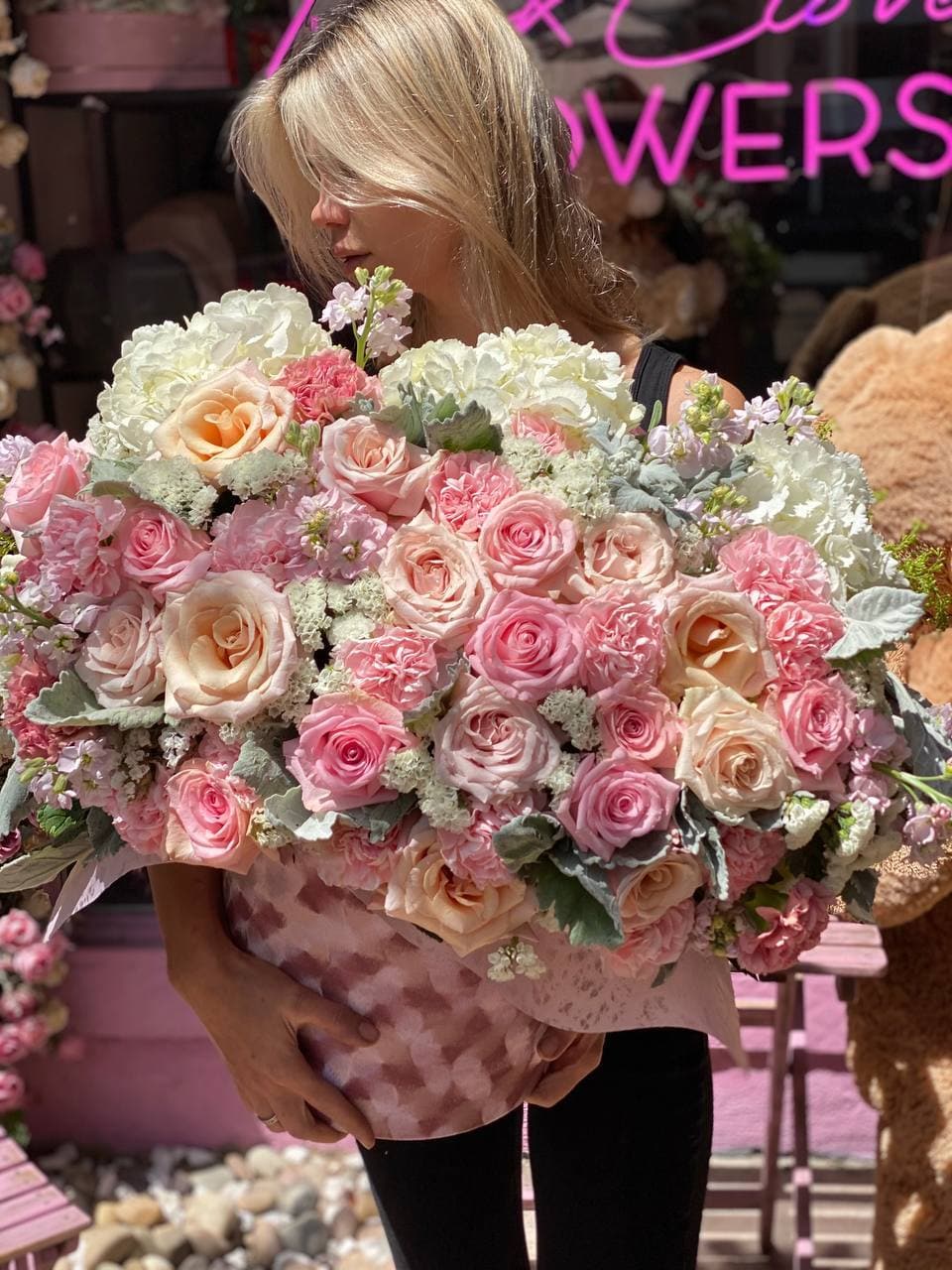 Chantelle(White hydrangea and roses flowers in round box) - Los Angeles Florist - Pink Clover