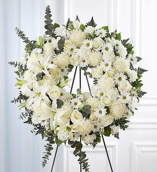 Elegant Circle Spray standing wreath with fresh white flowers and greenery, ideal for funeral services and premium floral delivery