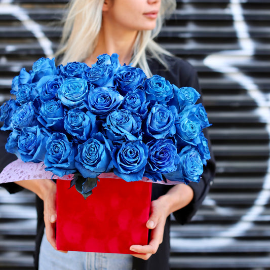 Luxurious Aqua bouquet featuring 25 royal blue roses in a red velvet box, ideal for birthday celebrations and premium floral delivery