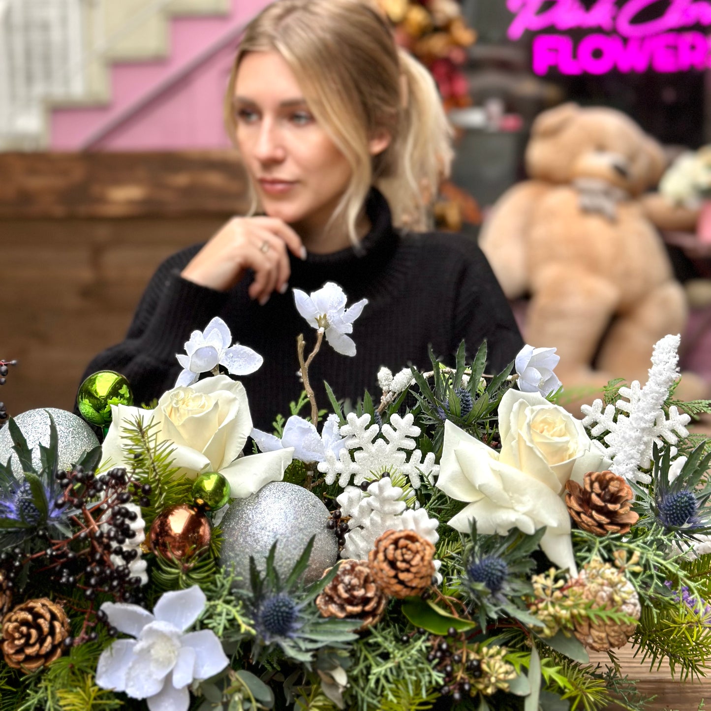 White Christmas Centerpiece - Los Angeles Florist - Pink Clover