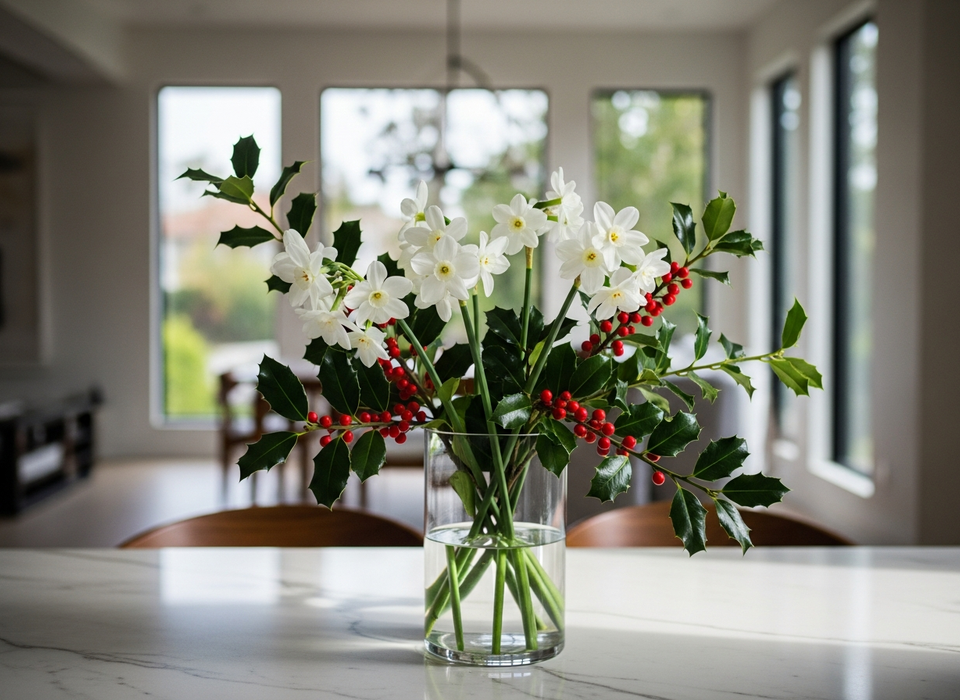december birth flower narcissus holly arrangement Los Angeles