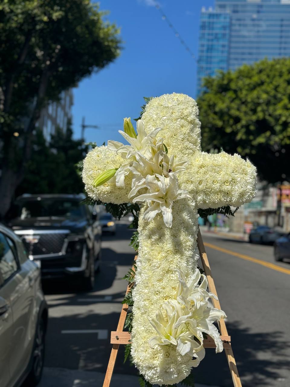 Funeral Cross White Lily - Los Angeles Florist - Pink Clover