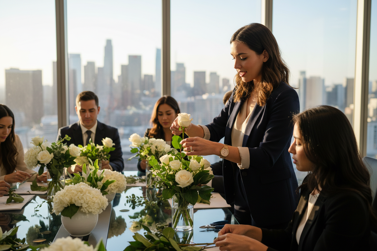 a-cinematic-realistic-close-up-picture-of-a-young-women-on-a-corporate-floral-workshop-with-her-colleagues-in-a-high-rise-downtown-los-angeles-boardroom-executives-in-tailored-busines.png