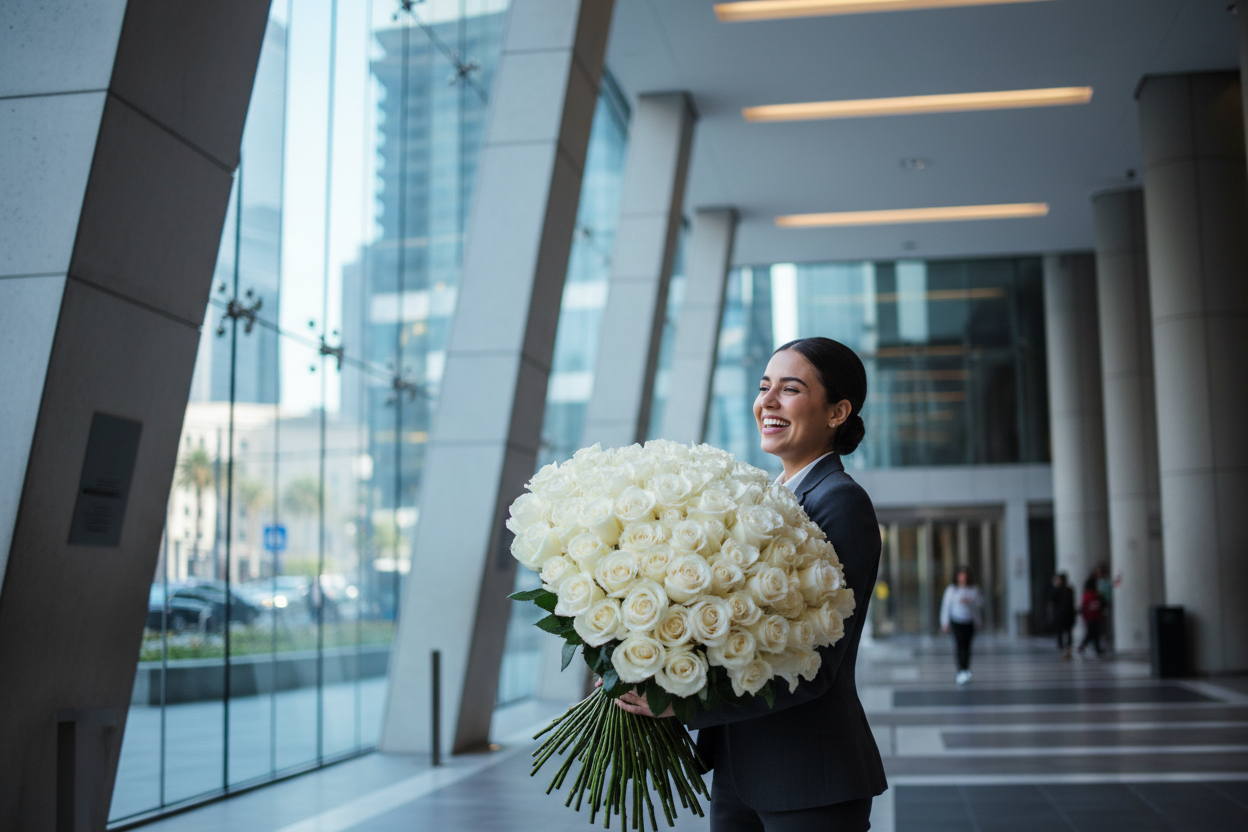a-cinematic-realistic-shot-of-a-corporate-worker-young-happy-woman-receiving-a-large-white-roses-bouquet-from-a-courier-at-the-entrance-of-a-modern-dtla-high-rise-building-glass-facad.png