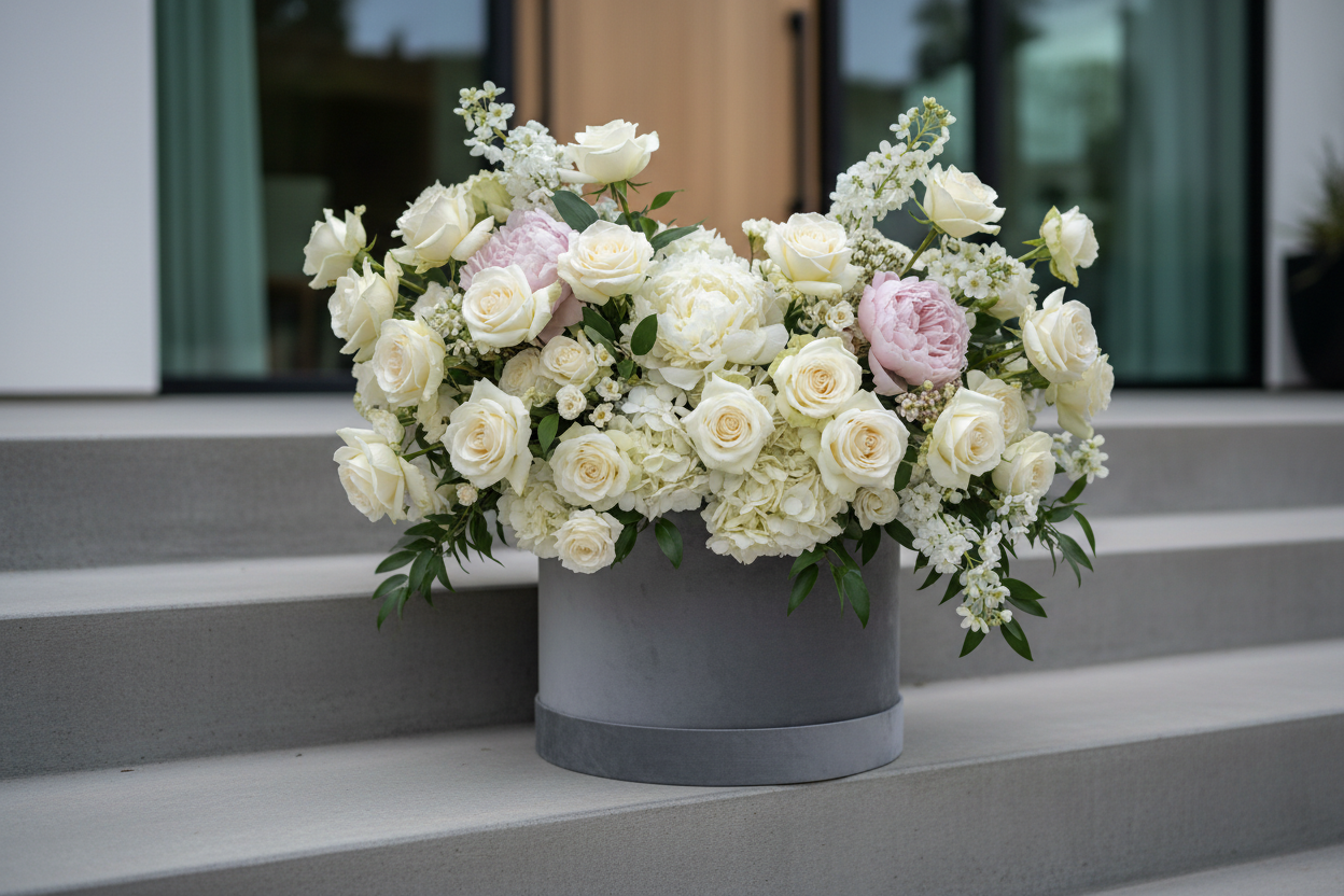 a-cinematic-realistic-side-angle-photo-of-an-oversized-flower-arrangement-in-a-soft-gray-round-velvet-box-without-logo-and-ribbons-at-a-modern-los-angeles-house-doorstep-minimalistic.png