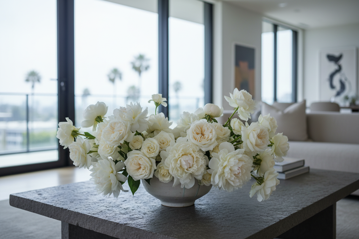 cinematic-realistic-close-up-photo-of-an-oversized-white-flower-arrangement-of-garden-roses-and-peonies-in-a-low-ceramic-vase-on-a-dark-stone-table-in-a-modern-los-angeles-living-room.png