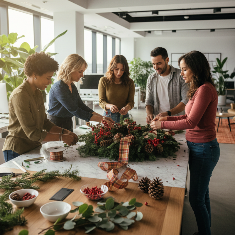 realistic cinematic picture of a team making a christmas wreath floral arrangement on a floral team building workshop in a modern tech office with a marble and wooden modern design and some plants