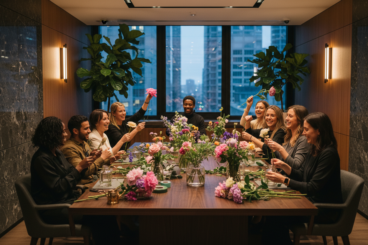 realistic cinematic picture of team seating by a big table having a fun floral workshop in a dark modern office with a marble and wooden modern design and some plants 