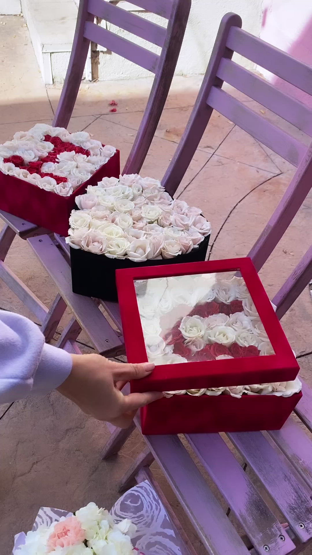 “I LOVE YOU”  - 3 boxes with red and white roses