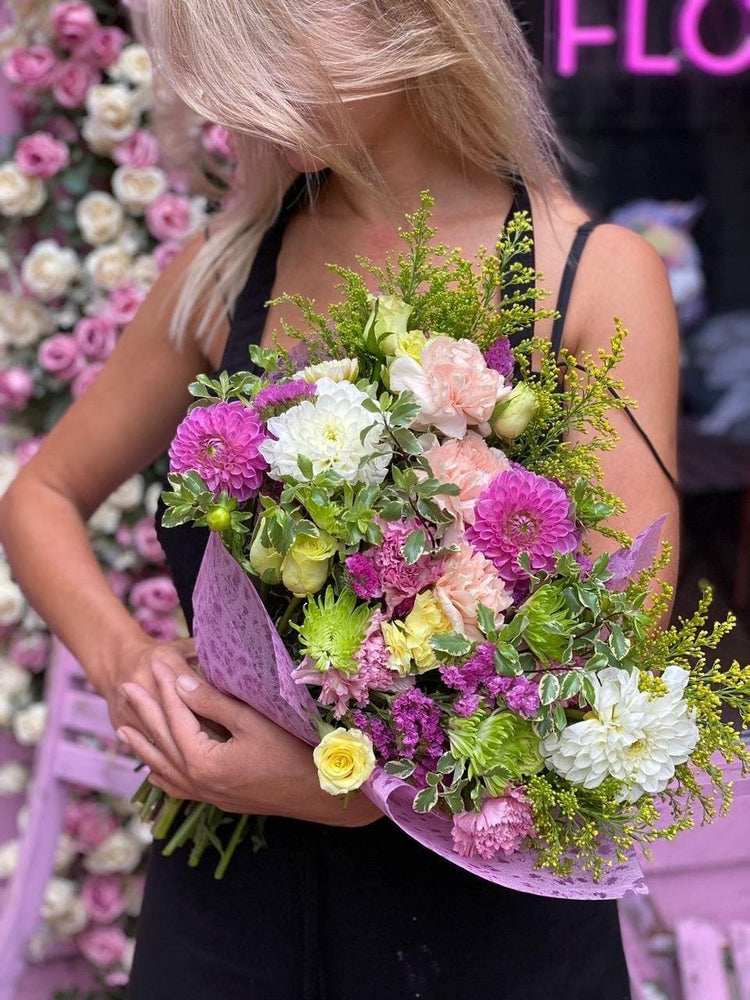 Annet(Multi-color dahlias with greenery) - Los Angeles Florist - Pink Clover