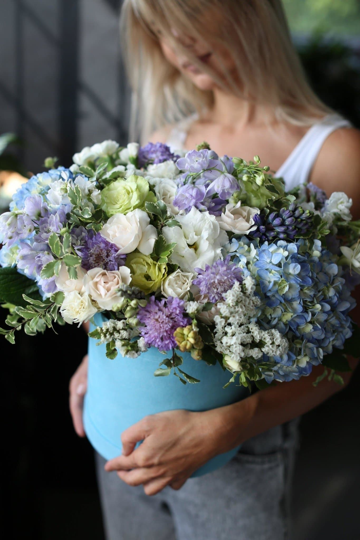 Beatrice (Blue hydrangea with flowers mix in round box) - Los Angeles Florist - Pink Clover