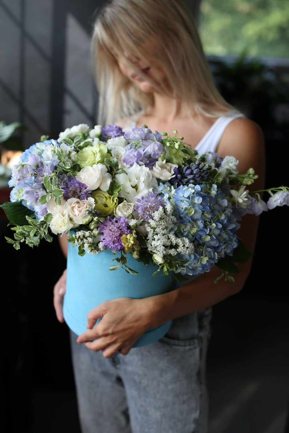 Beatrice (Blue hydrangea with flowers mix in round box) - Los Angeles Florist - Pink Clover