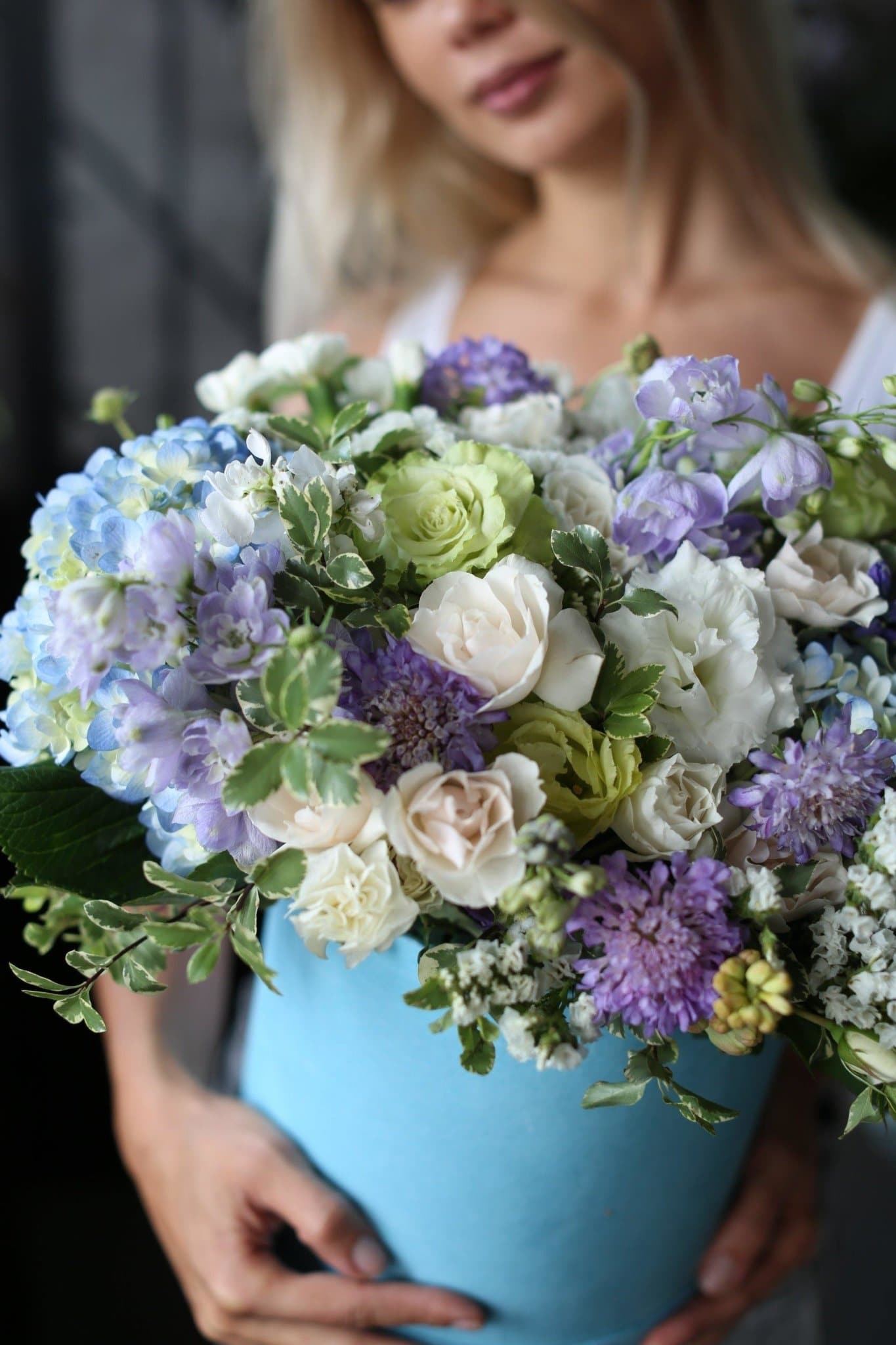 Beatrice (Blue hydrangea with flowers mix in round box) - Los Angeles Florist - Pink Clover