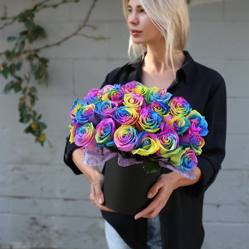 Bouquet of fresh Rainbow Roses in gift box - Los Angeles Florist - Pink Clover