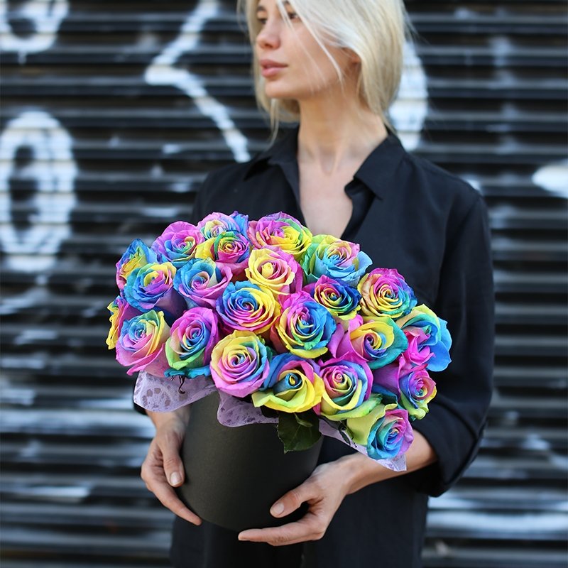 Bouquet of fresh Rainbow Roses in gift box - Los Angeles Florist - Pink Clover