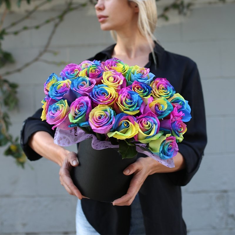 Bouquet of fresh Rainbow Roses in gift box - Los Angeles Florist - Pink Clover