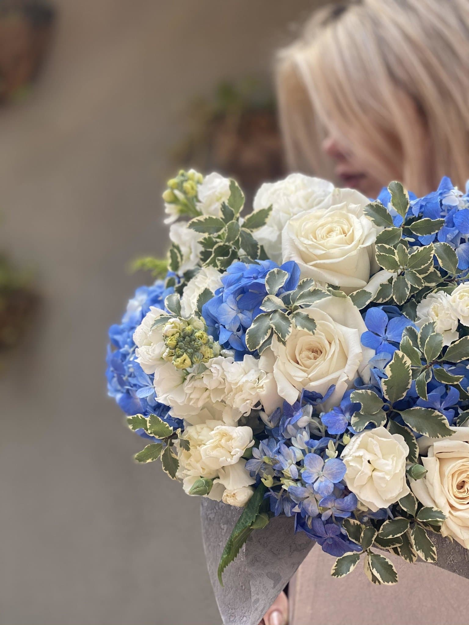 Dora( Arrangement of blue hydrangea stachys and roses in box) - Los Angeles Florist - Pink Clover