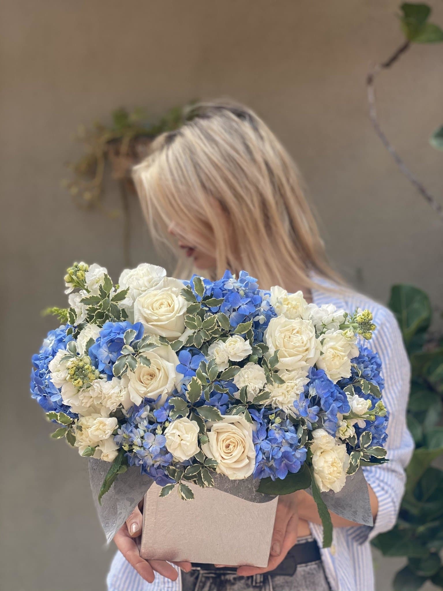 Dora( Arrangement of blue hydrangea stachys and roses in box) - Los Angeles Florist - Pink Clover