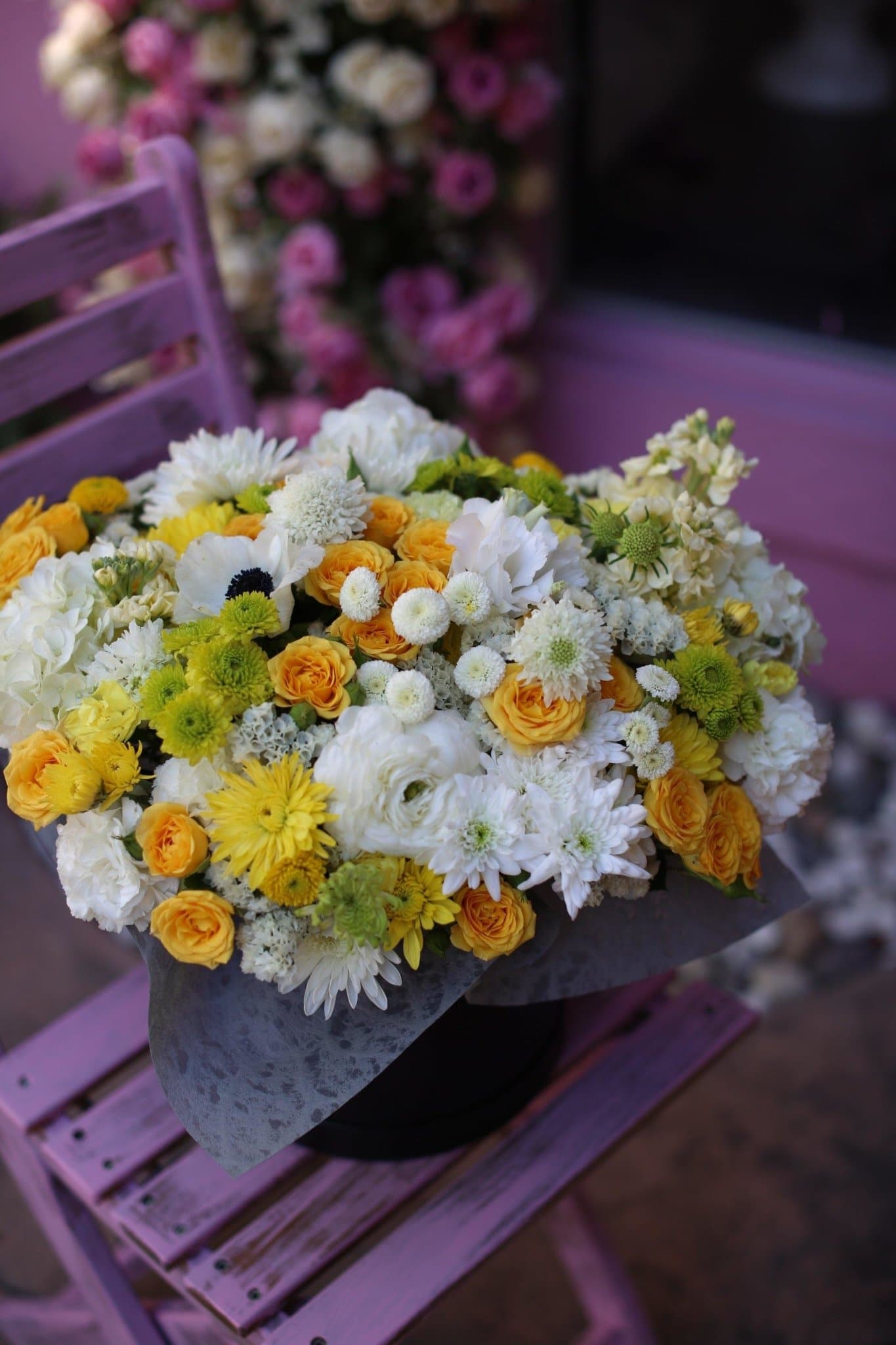 Evangeline( Anemones and ranunculus flowers in round box) - Los Angeles Florist - Pink Clover