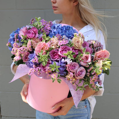 Floral arrangement in a pink box - Los Angeles Florist - Pink Clover