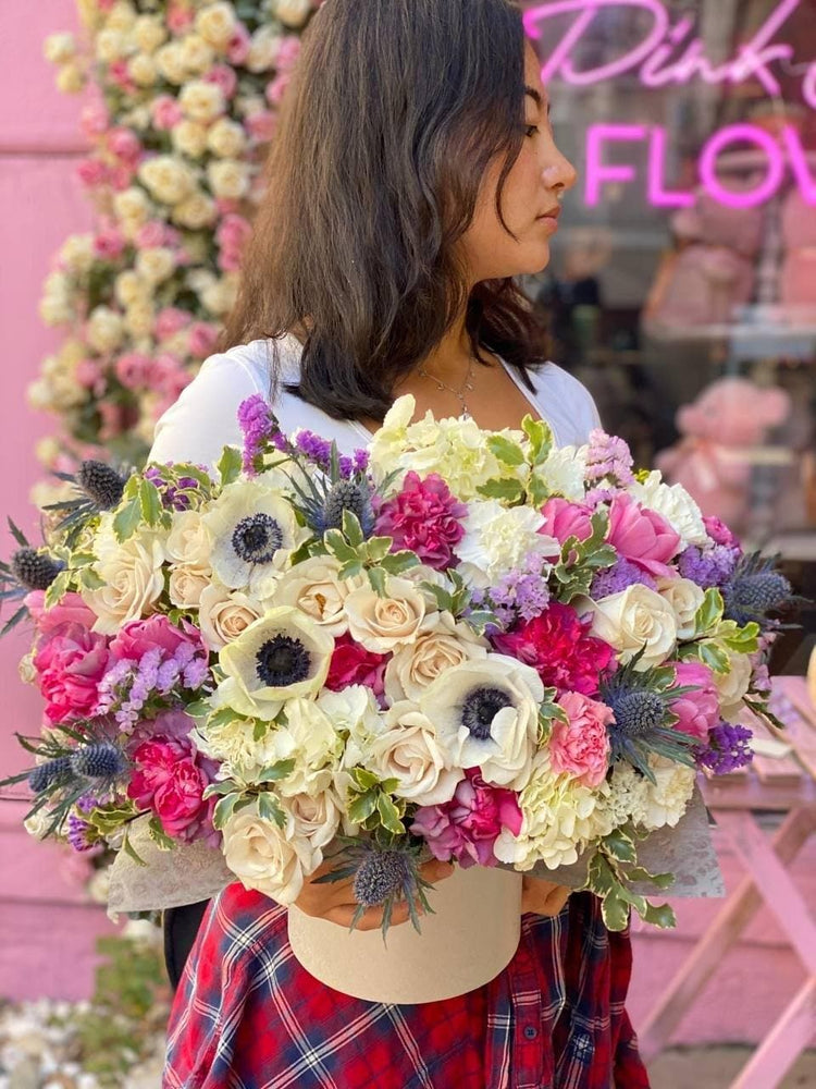 Loli( Arrangement of anemones roses and dry berry flowers in round box) - Los Angeles Florist - Pink Clover