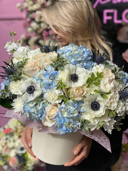 Loli( Arrangement of anemones roses and dry berry flowers in round box) - Los Angeles Florist - Pink Clover