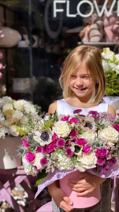 Loli( Arrangement of anemones roses and dry berry flowers in round box) - Los Angeles Florist - Pink Clover