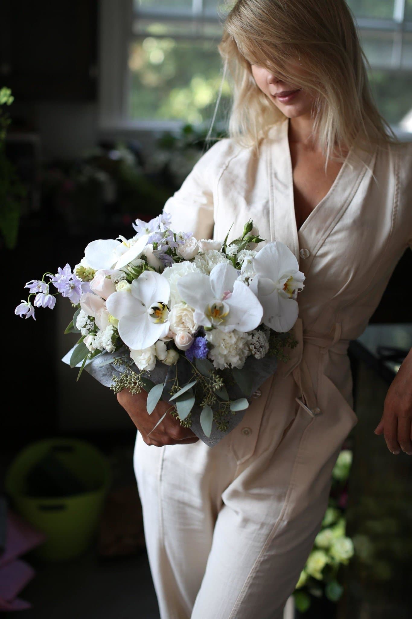Lucie(White orchids with carnations and English roses arrangement ) - Los Angeles Florist - Pink Clover