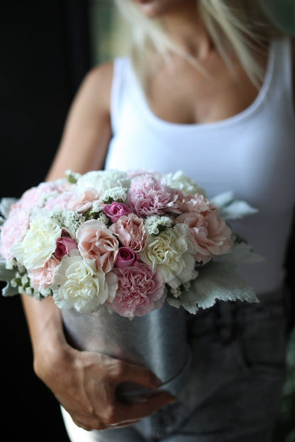 Marie(Pink and white carnations flowers with roses in a round box) - Los Angeles Florist - Pink Clover