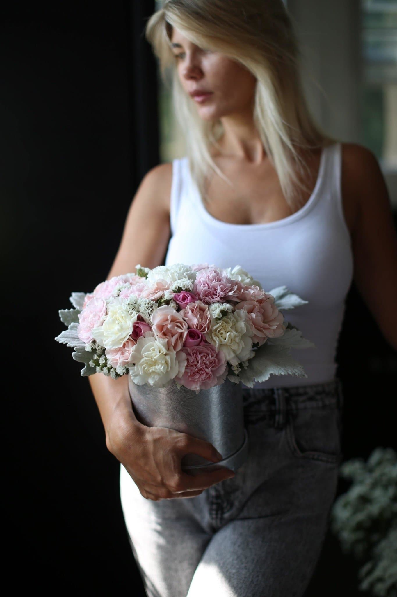 Marie(Pink and white carnations flowers with roses in a round box) - Los Angeles Florist - Pink Clover