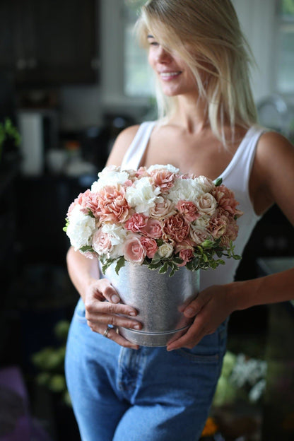 Marie(Pink and white carnations flowers with roses in a round box) - Los Angeles Florist - Pink Clover