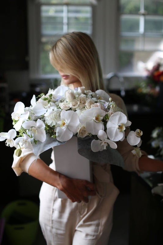 Nella(Arrangement with orchids in tall vase) - Los Angeles Florist - Pink Clover