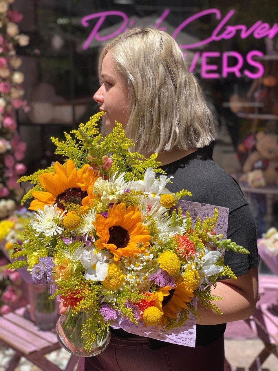 Sunny(Bouquet with sunflowers ) - Los Angeles Florist - Pink Clover