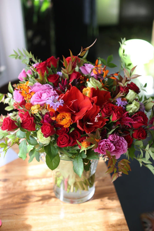 Tazia(Red flowers mix with lilies and roses bouquet ) - Los Angeles Florist - Pink Clover