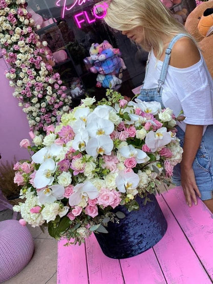 Tulsa ( Box of orchids ,pink and white roses and hydrangea) - Los Angeles Florist - Pink Clover