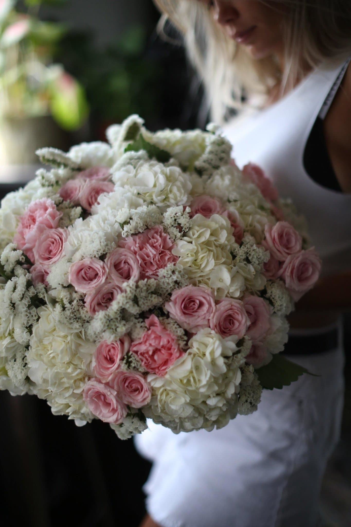 
                  
                    White hydrangea with pink roses bouquet Roxanne - Los Angeles Florist - Pink Clover
                  
                