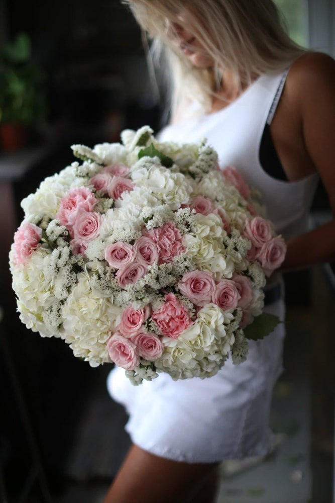 
                  
                    White hydrangea with pink roses bouquet Roxanne - Los Angeles Florist - Pink Clover
                  
                