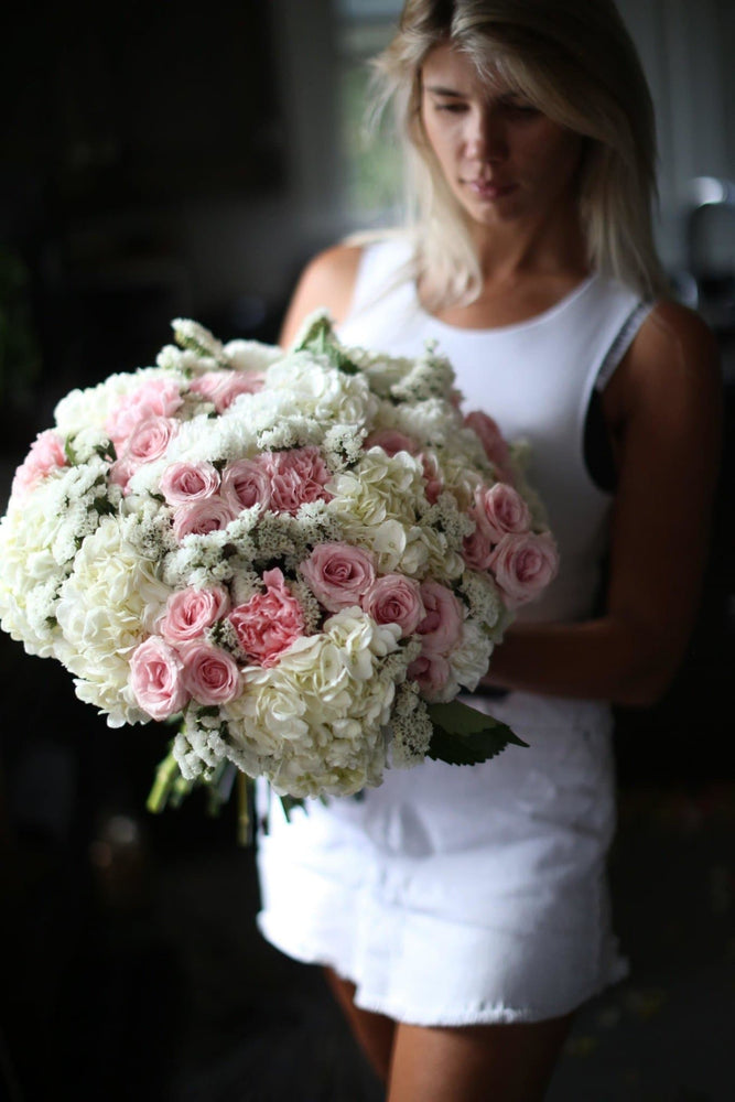 White hydrangea with pink roses bouquet Roxanne - Los Angeles Florist - Pink Clover