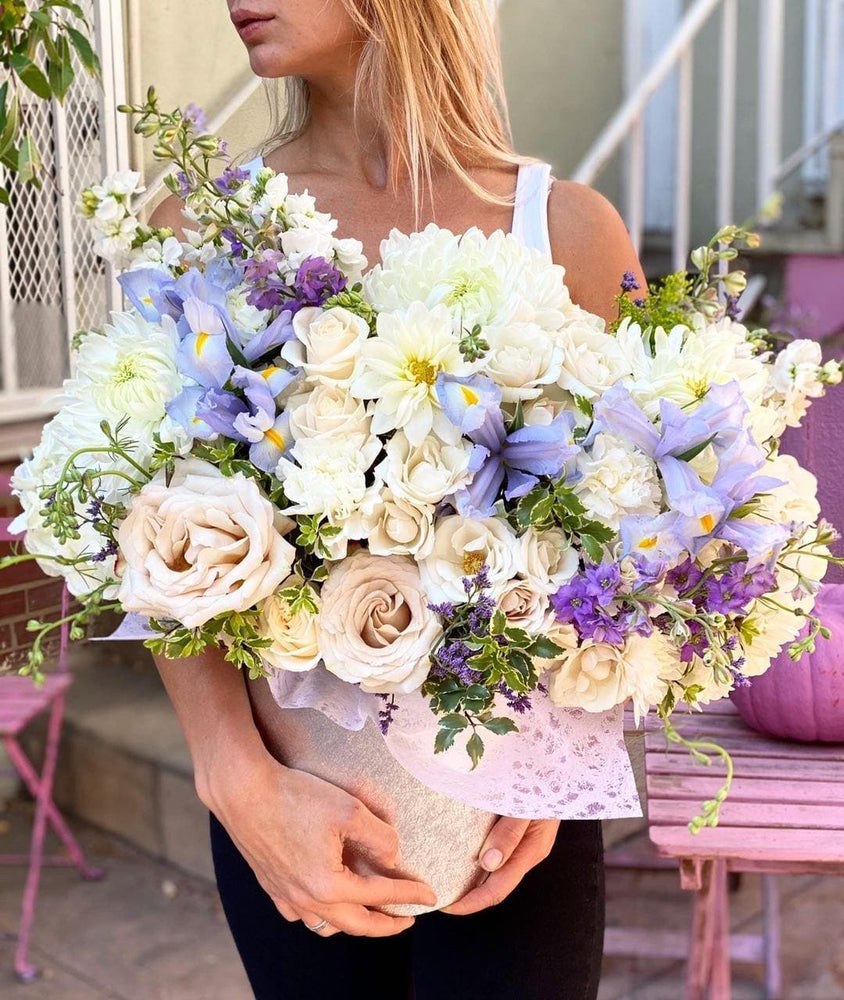 White roses , dahlia and irises Enola - Los Angeles Florist - Pink Clover